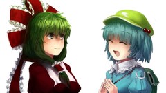 White background hats Ribbons red dress blue hair long hair 