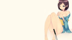 White background Knives sitting barefoot anime girls blue eyes 