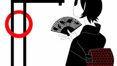 White background lines circles kimono fans anime girls short 