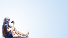 White background long hair barefoot anime girls blue eyes 