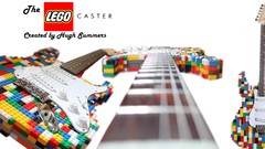 White background multicolor artwork Legos electric guitars 