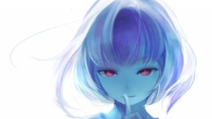 White background red eyes faces blue hair anime girls short 