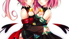 White background red eyes pink hair anime girls tails 