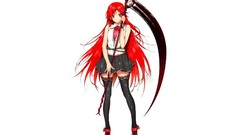 White background red eyes skirts long hair anime girls scythe 