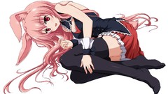 White background red eyes stockings blush pink hair long hair 