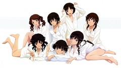 White background sitting bows shirts pillows blush smiling long 