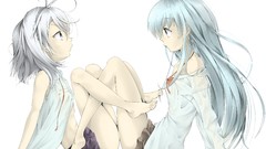 White background sitting shirts skirts blue hair long hair gray 