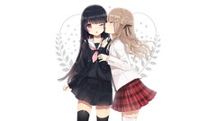 White background skirts blush long hair closed eyes brunettes 