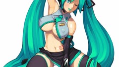 White background stockings skirts blue hair smiling anime girls 