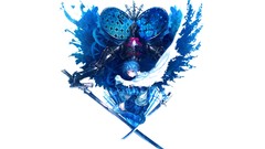 White background Swords skirts blue hair blue eyes short hair 