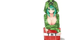 White background TnT minecraft creeper blush smiling anime 