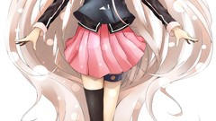White background white hair stockings skirts long hair anime 