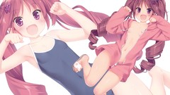 White blush anime girls hazuki twintails no bra open shirt 