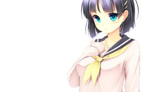 White blush blue eyes school uniforms short hair seifuku black 