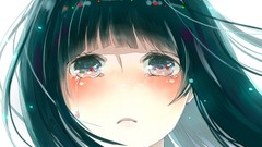 White close-up tears faces long hair anime girls green eyes 