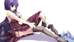 White glasses red eyes anime girls purple hair underwear 