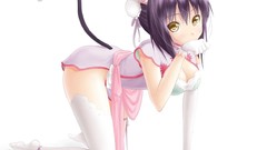 White gloves yellow eyes animal ears tails cleavage shining 