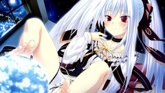 White hair red eyes long hair barefoot anime girls Starry Night 