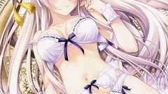 White hair stockings blush long hair anime girls lingerie blue 