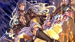 White hair stockings long hair anime girls lingerie yellow eyes 
