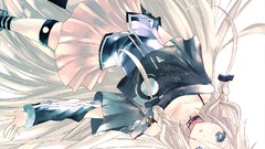 White hair stockings skirts long hair anime girls boots blue 