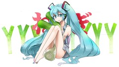 White hatsune miku vocaloid leek twintails aqua hair aqua eyes
