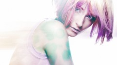 White light woman white background young faces pink hair 