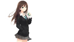 White tie white background drinks schoolgirls skirts long hair 