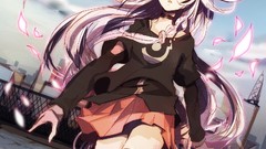 Wind woman Roof skirts cities long hair anime girls blue eyes 