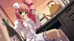 Window dress hats drinks bottles blush pink hair long hair 