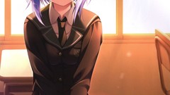 Windows bench tie school desks blush blue hair pink hair anime 