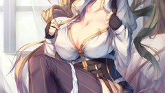 Windows dress hats gloves sitting curtains stockings blondes 