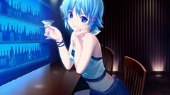 Wine chairs bar bracelets blue hair anime girls blue eyes 
