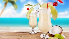 Wine cocktail food coconut glasses rolls slices limes