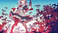 Wine dress white hair red eyes Ribbons bows anime girls maids 