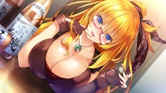 Wine glasses Ribbons blondes blue eyes cleavage Sake huge boobs 