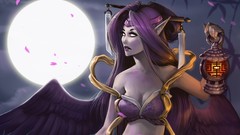 Wings anime girls full moon purple hair League of Legends 