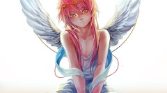 Wings Anime white background sitting male pink hair long hair 