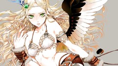 Wings belts blondes anime girls green eyes bikini headbands 