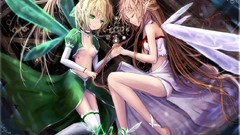 Wings blondes long hair anime girls green eyes brunettes sword 