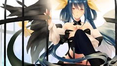 Wings collar red eyes Ribbons blue hair long hair anime girls 