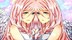 Wings faces blush pink hair long hair anime girls blue eyes 