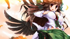 Wings feathers navel bows skirts sunlight blush long hair anime 