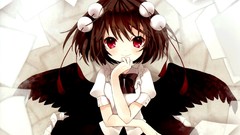 Wings hats red eyes bows shirts blush anime girls brunettes 