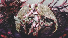 Wings horns navel white hair chains long hair bangs yellow eyes 