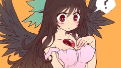 Wings red eyes bows long hair anime girls brunettes bangs bare 