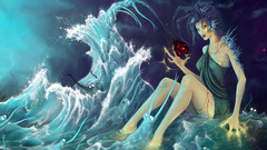 Woman abstract blue waves