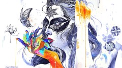 Woman abstract hands white background faces masks multicolor 