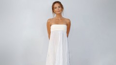 Woman Actress brunettes white dress TV series grey background 