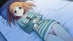 Woman Anime beds sad stripes anime girls green eyes brunettes 